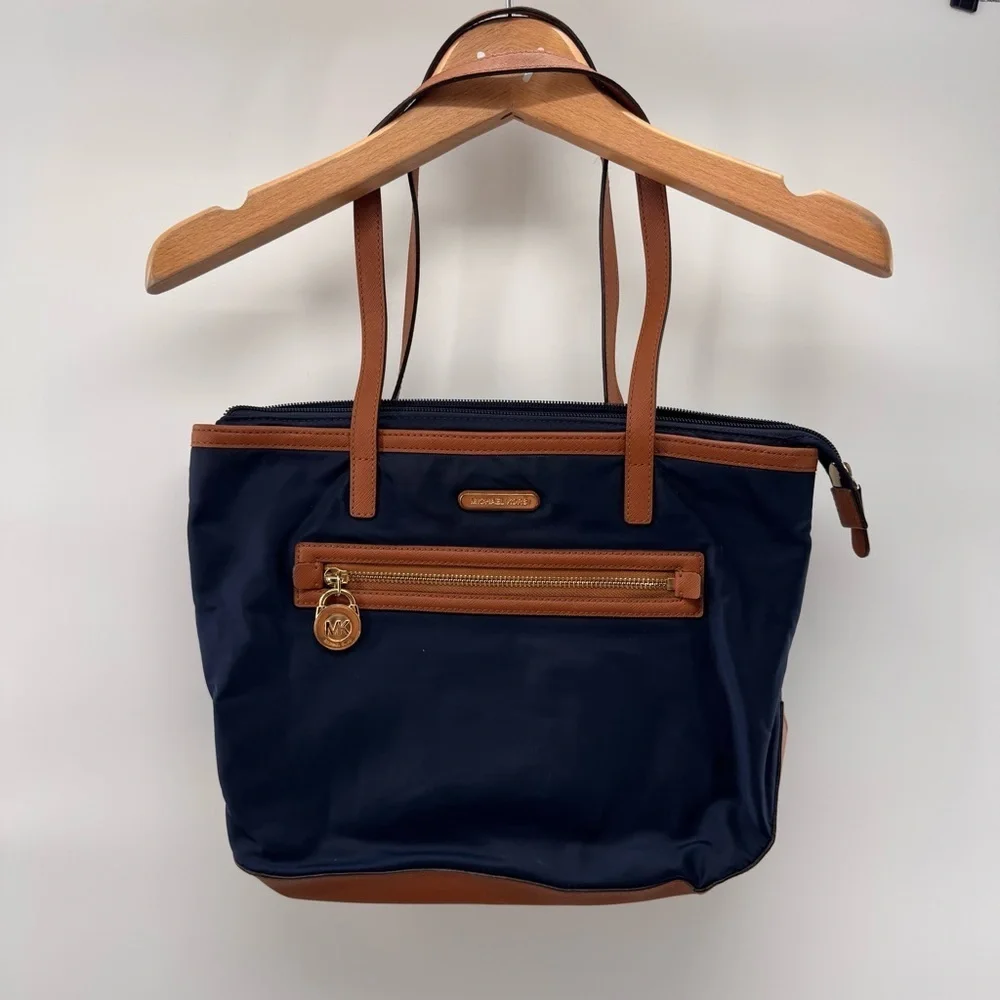 Michael Kors Kempton Navy Blue Nylon Brown Leather Tote HandBag Retail $138